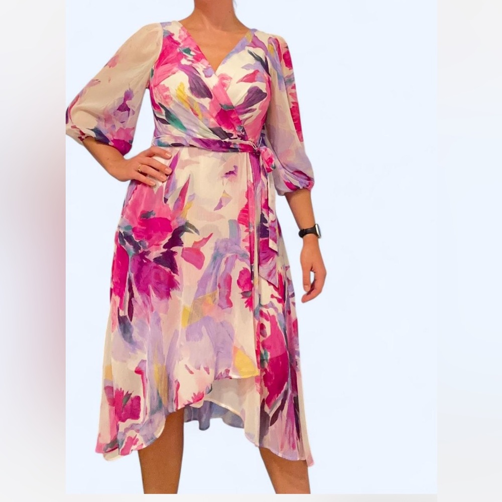 DKNY Floral Faux Wrap Midi Dress